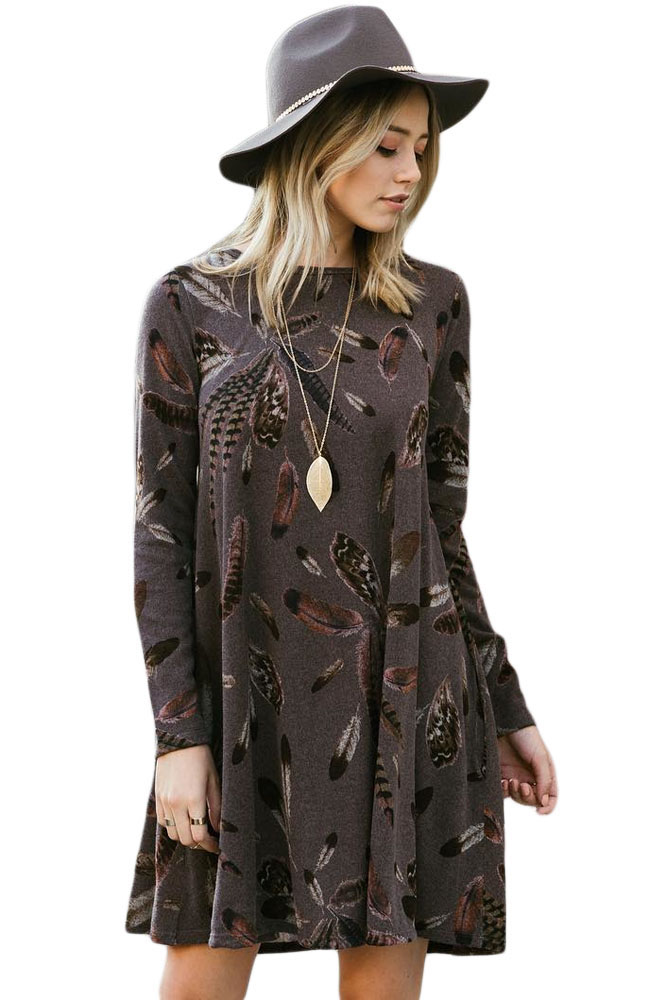 BY220210-17 Coffee Feather Graphic Pocket Tunic Dress